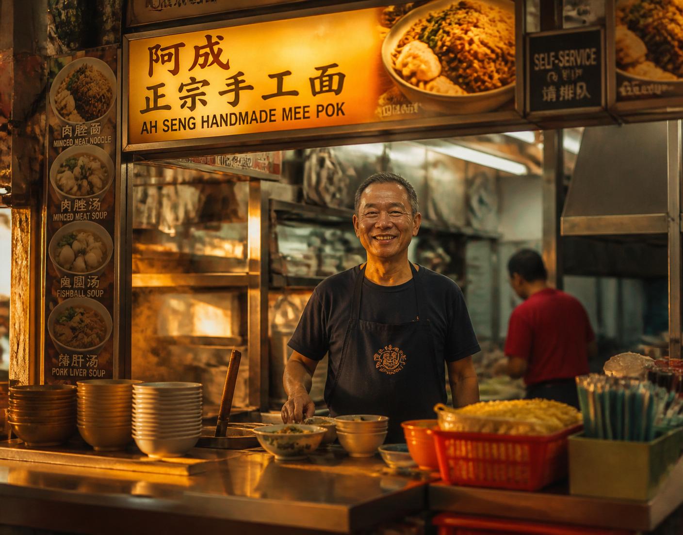 Singapore hawker stall owner smiling behind his handmade mee pok counter at golden hour