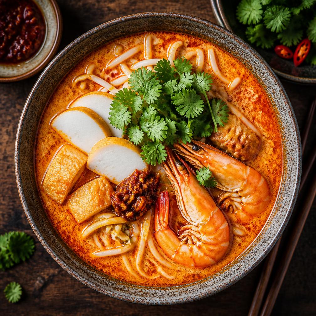 Top-down bowl of Singapore laksa with prawns and coriander